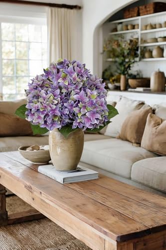 Artificial Hydrangea Flowers Real Touch Faux Hydrangeas Flower 7 Inch Large Hydrangea Heads with Unique Petal Shape, 23.6" Long Purple Hydrangeas Stems for Vase Wedding Home Table Centerpiece Decor - color: Rich Lilac