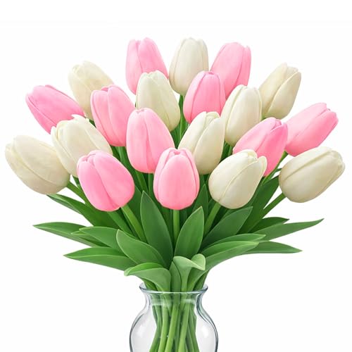 20 Pcs Tulips Artificial Flowers, 13.5'' Real Touch PU Fake Flowers Bouquet for Home Party, Spring Wedding Floral Arrangement, Valentine's, Easter and Mother's Day Decor (Cream,Pink) - color: Cream,pink