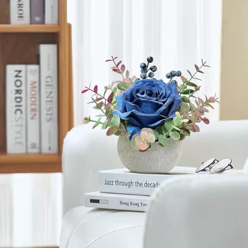 Artificial Flowers in Pots, Blue Rose Small Potted Plants Fake Flowers in Vase Blue Table Decor for Office Bathroom Living Room Party Wedding - color: 1 Pack Blue Rose