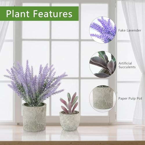 ALAGIRLS 4 Packs Fake Plants Small Artificial Plants for Shelf Lavender Flowers Eucalyptus Succulents Plants Potted Faux Plants for Home Indoor Office Bathroom Living Room Decor - color: Lavender-4pc