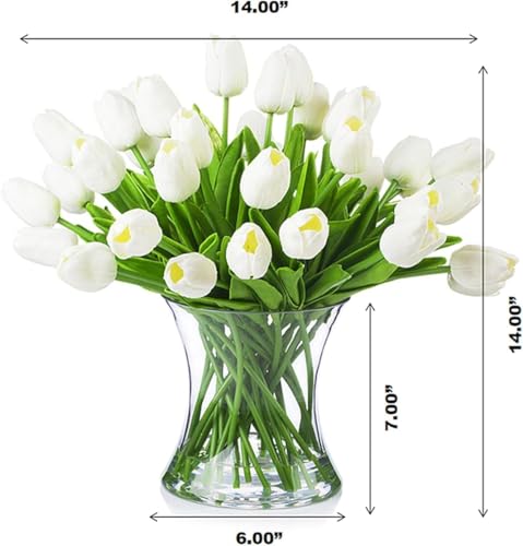 Real Touch Artificial Tulips with Glass Vase and Acrylic Water, 40 Pcs Fake Tulip Flowers Bouquet for Home Office Decor, Silk Flowers Arrangements for Dining Table Wedding Centerpiece (White) - color: White