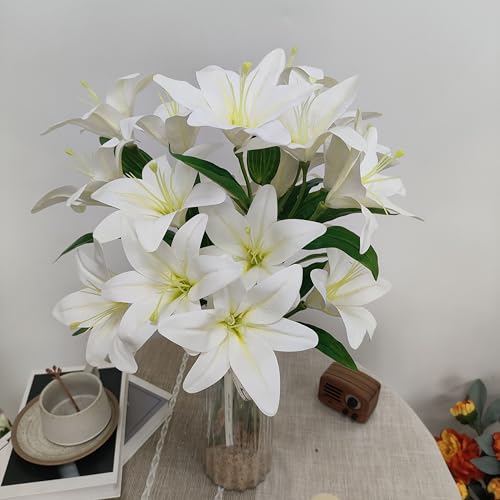White Lilies Artificial Flowers,6 Pcs Faux Lily Flowers,23 Inch Long Stem Tiger Lily Branch with 3 Full Blooms and 4 Leaves, Latex Real Touch Lilium Flower for Wedding Bouquet - color: White