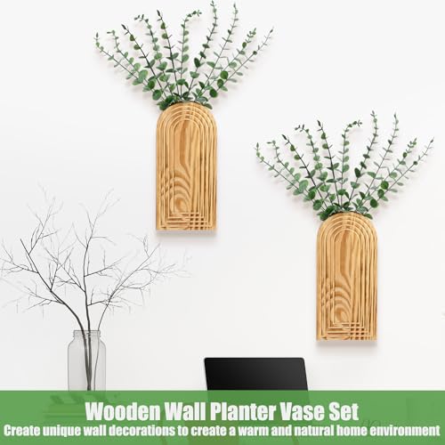 2 Pack 15" Wooden Wall Vase with 20 Pcs Artificial Eucalyptus Leaves Stems Planter, Boho Modern Farmhouse Bathroom Hanging Planter for Wedding, Hallway, Bedroom, Living Room - style: Modern