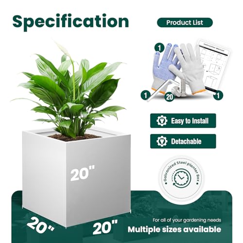 White Outdoor Planter Square Steel Planters Galvanized Steel Planter Box 20 Inch Indoor Metal Large Planters Cube Heavy Duty Modern Commercial Residential for Trees Patio Yard Garden - color: White, size: 20" L x 20" W x 20" H