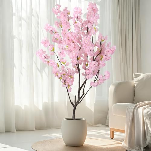 Faux Modern Pink Cherry Blossom Tree 7ft(84in)Tall Artificial Japanese Sakura Tree Decor Natural Fake Pink Floral Tree for Wedding Realistic Silk Plant in Pot for Home Living Room,Office,Outdoor Decor - color: Cherry Blossom(pink 5), size: 7ft