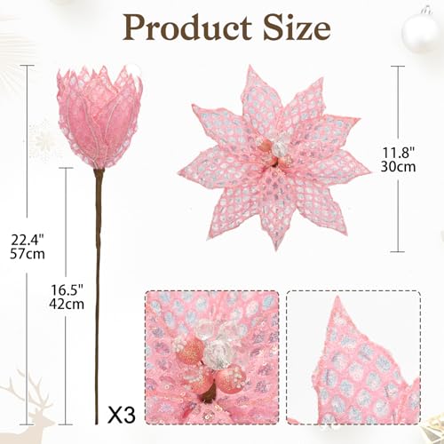 Briful 3PCS Poinsettias Artificial Christmas Flowers 22.4in Long Stem Pink Glitter Mesh Poinsettia Fake Christmas Tree Flower for Xmas Home Wreath Garland Floral Arrangement Holiday Decor - color: Light Peach Pink