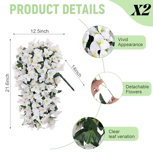 Fake Bougainvillea Artificial Flowers for Outdoors Decoration 2 pcs Faux Hanging Flowers Plants for Outdoor Planters UV Resistant Silk Bougainvillea Vines for Front Door Porch Urn Patio Garden - color: White