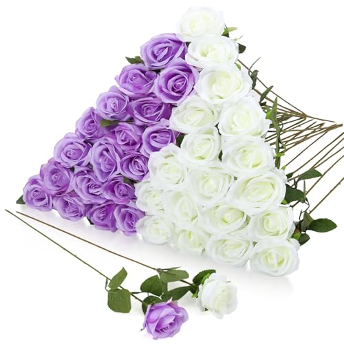 36 Pcs Silk Purple White Rose Bouquet Bridal Artificial Flowers,Fake Rose Long Stem Realistic Flowers Bulk for Wedding Bouquet Ball Arrangement Centerpiece Party Decor - color: Purple, White