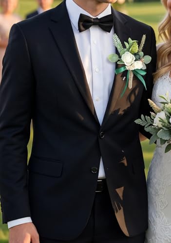 Dark Green Ivory Corsage and Boutonniere Set Wrist Corsage Wristlet for Prom Groom Flower Boutonniere for Men Wedding Party Homecoming Accessories Suit - color: Dark Green