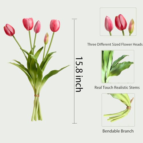 15 Pcs Red Tulips Artificial Flowers Faux Tulips Real Touch Latex Fake Flower Bouquet for Spring Wedding Home Décor Centerpiece Arrangements - color: Red