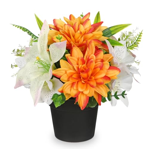 GnFlus Orange Artificial Flowers Small Fake Flowers in Vase Peonies Dahlia Tiger Lily Potted Silk Flower Arrangements Faux Plants & Flowers Home Bathroom Kitchen Table Centerpieces Desk Decor - color: Orange