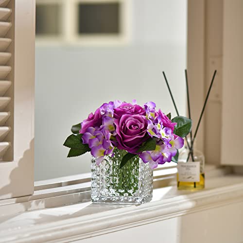 Fule Artificial Silk Rose Flower Centerpiece Arrangement in Glass Vase with LED Light for Home Wedding Decoration (Light Purple) - color: Light Purple