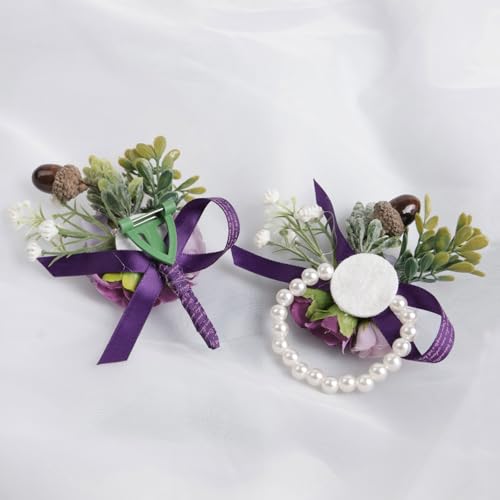 Alizeal 2Pcs of Wrist Corsage and Boutonniere Set, Artificial Flowers Accessories Suit Decor for Wedding Prom Party Homecoming Ceremony, Pastel Lilac - color: 701-pastel Lilac