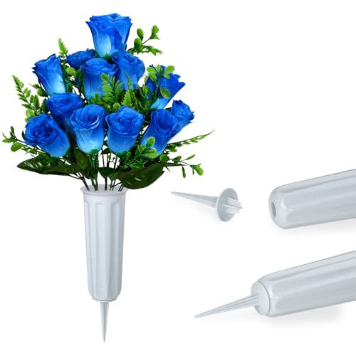 XONOR Artificial Cemetery Flowers, Set of 2 Artificial Rose Bouquet Grave Memorial Flowers with Vase for Cemetery Headstones Decoration (Blue) - color: Blue