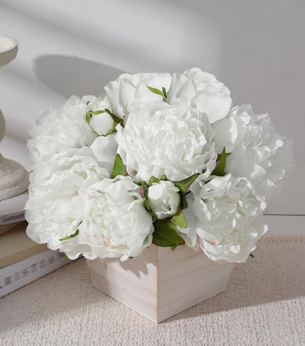 Artificial Hydrangea Flowers Arrangement in Wood Planter, 4PCS Fake Flowers in Wooden Vase Potted Floral Centerpieces for Tables Living Room Home Office Kitchen Decor (White Peony) - color: White Peony