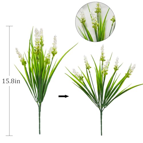 40 Bundles Artificial Plants Outdoor Fake Monkey Grass with Lavender Flowers Plastic UV Resistant Greenery Shrubs for Window Box Porch Garden Patio Outdoor Decor(White) - color: White