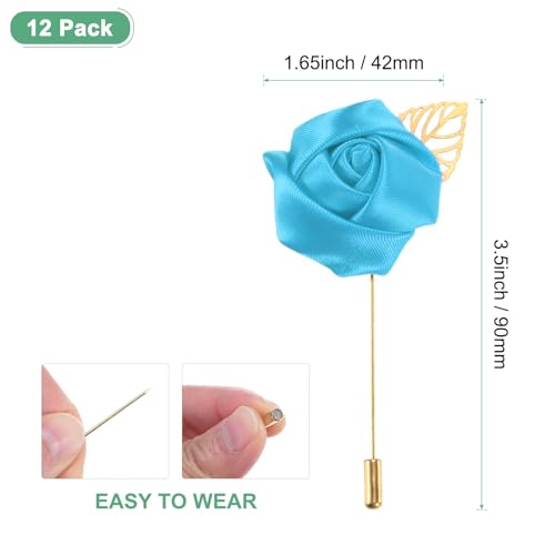 M METERXITY 12-Pack Flower Lapel Pins for Men, Golden Leaf Rose Boutonnieres Pin for Wedding/Dance/Party, Mens Lapel Pins for Suits Satin Flower Corsage Hat Pins [Blue] - color: Blue