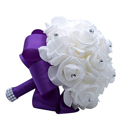 MOJUN Wedding Bouquets Crystal PE Roses Bridal Bridesmaid Wedding Hand Holding Bouquet Artificial Fake Flowers Toss Bouquet, Purple - color: Purple