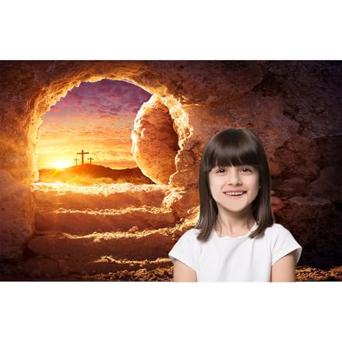 Empty Tomb Backdrop Sunrise Sunset Jesus Christ Crucifixion Resurrection Cave Photography Background Holy Lights Easter Background Three Crosses Jesus Christ Backdrop Props Banner 5x3ft - color: Gloden, size: 5x3ft