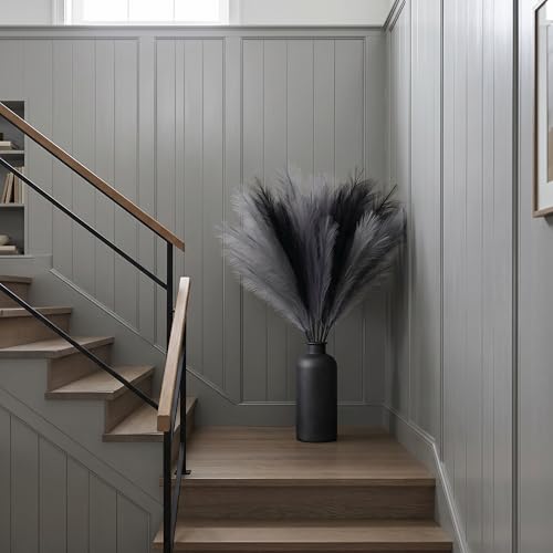 9 Pcs 43'' Faux Pampas Grass Decor, Tall Fluffy Black Gray Pampas Grass, Fake Pompas Branches, Long Feathers for Floor Vase, Boho Flower Arrangement for Home Wedding Decor - color: Black Gray
