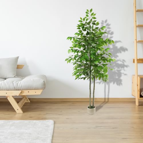 Artificial Ficus Tree 6FT Tall, Artificial Plants Indoor with White Planter Faux Ficus Tree Realistic Faux Silk Plant for Home Office Living Room, Porch, Garden Decor