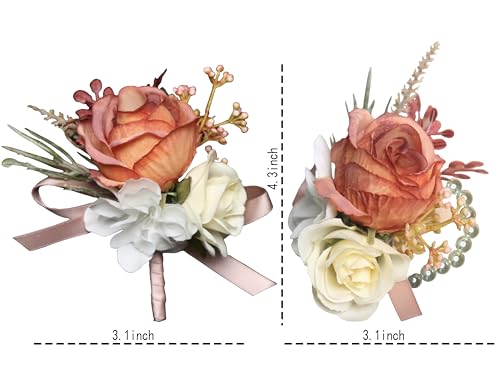 Corsage and Boutonniere Set Corsage Wistlet Terracotta Corsage Wrist Artificial Flower Perfert for Proms | Weddings for Bride,Bridesmaids, Groom,Groomsmen Decor (Terracotta) - color: Terracotta