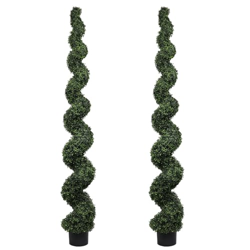 7ft Tall Artificial Spiral Topiary Trees Outdoor Set of 2, Faux Boxwood Plants for Front Porch & Indoor Home Decor, UV-Resistant 7 Foot Large Fake Plants for Patio, Garden, Entryway Decor - color: Dark Green, size: 7ft