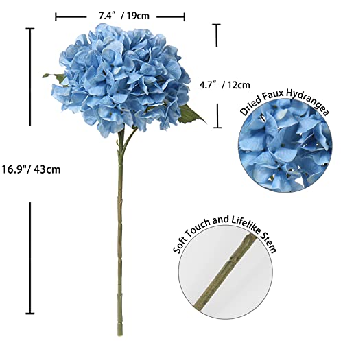 DILATATA 4 Pcs Dried Touch Hydrangeas Artificial Flowers 17" Tall Large Silk Hydrangea Stems Fake Hydrangea Arrangements for Home Office Table Centerpieces-Blue Hydrangea - color: Cool Blue, size: 4PCS