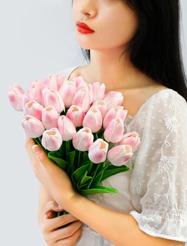 36 Pcs Tulips Artificial Flowers, 13 Inches Real Touch PU Fake Tulips for Wedding Bouquets, Home Decor - color: Light Pink