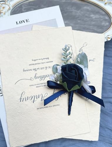 Marriwise 6pcs Rose Boutonniere for Men, Artificial Flowers Wedding Groom Groomsmen Boutonniere for Wedding/Anniversary/Prom/Rustic Wedding/Homecoming (Dark Navy Blue) - color: Dark Navy Blue
