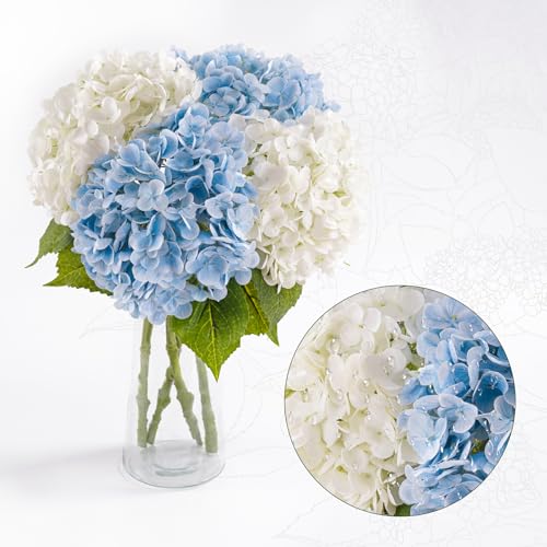 4 Pcs Hydrangea Artificial Flowers, 21'' Real Touch Latex Faux Hydrangeas,Fake Flowers Bouquets for Floral Arrangements Outdoor Wedding Kitchen Table Centerpiece Home Decoration（2White & 2Light Blue） - color: 2 Blue & 2 White, size: 4pcs