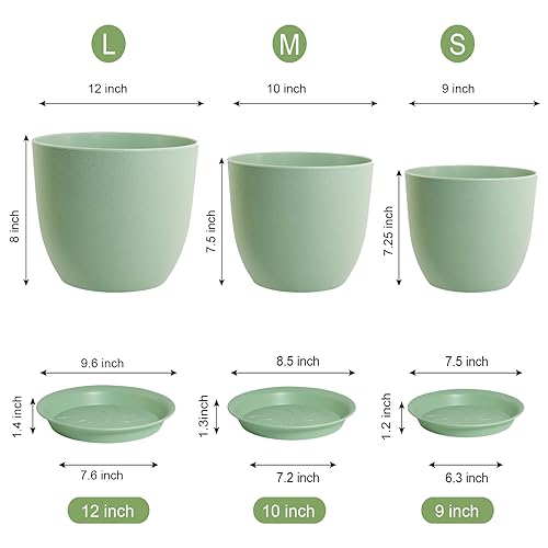 WSMKSZ Large Plant Pots 12/10/9 inch, Set of 3 Modern Decorative Plastic Planters with Drainage Holes and Saucers, Flower Pots for Indoor Outdoor Plants, Green - color: Green, size: 12"+10"+9"