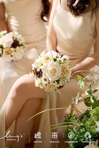 Ling's moment Ivory Artificial Wedding Flower Bouquets for Bridesmaids Brown Floral Bouquet Bridal Bouquets for Bridesmaids with Ribbon Ceremony Anniversary Homecoming,7-inch Diameter - color: Brn-brown