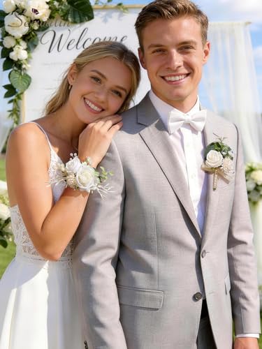 Serwalin White Rose Corsage and Boutonniere Set, Boutonniere for Men and Wrist Corsage Wristlet Prom Homecoming Wedding Flowers Accessories Party Suit Decorations - color: A White, size: 1 Boutonniere & 1 Wrist Corsage - 2pcs