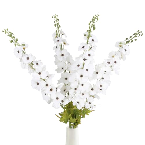 42'' Long Stem White Delphinium Artificial Flowers for Tall Vases 4PCS Fake Hollyhock Silk Flowers Realistic Larkspur Faux Flower for Home Wedding Table Decor Floral Arrangement (Pure White) - color: Pure White