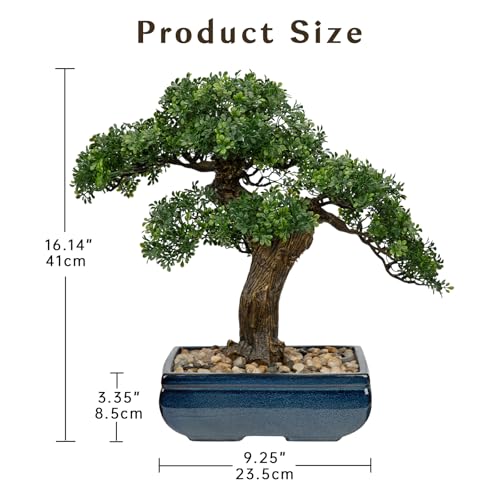Artificial Bonsai Tree Juniper Faux Plants Indoor Fake Plants Decor with Blue Square Ceramic Pots for Home Table Office Desk Bathroom Shelf Bedroom Living Room Farmhouse Decorations - style: 16" Ficus