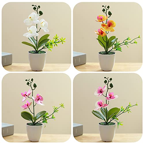 XONOR 4Pcs Artificial Orchid Flowers Mini Potted Orchid Flowers Fake Orchids with Plastic Vase for Home Office Wedding Table Centerpiece Decoration(White,Yellow,Pink,Light Pink) - color: White&yellow