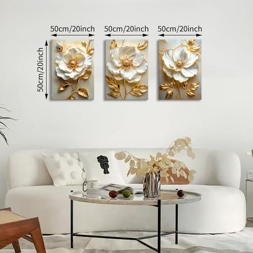 Modern White Floral Golden Leaves Canvas Wall Art Set, Neutral 3d Textured Flowers Wall Painting Pictures Boho Beige Blossom Wall Decor Posters Print Artwork for Bedroom Living Room Office 20x28x3Pcs - color: Flower-golden leaf, size: 20"x28"x3Pcs