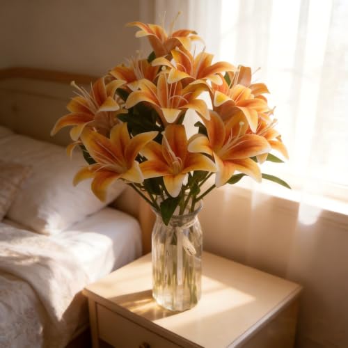 Artificial Lily Flowers,6 Pcs Faux Lily Flowers,23 Inch Long Stem Tiger Lily Branch with 3 Full Blooms and 4 Leaves, Latex Real Touch Lilium Flower for Wedding Bouquet (6, deep Orange) - color: Deep Orange