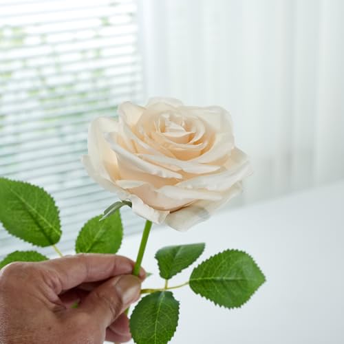50Pcs Champagne Roses Artificial Flowers Artificial Silk Roses Bulk,Fake Roses Flower with Stems Realistic Flowers for Wedding Centerpiece Home Party Decor - color: 50pcs Champagne