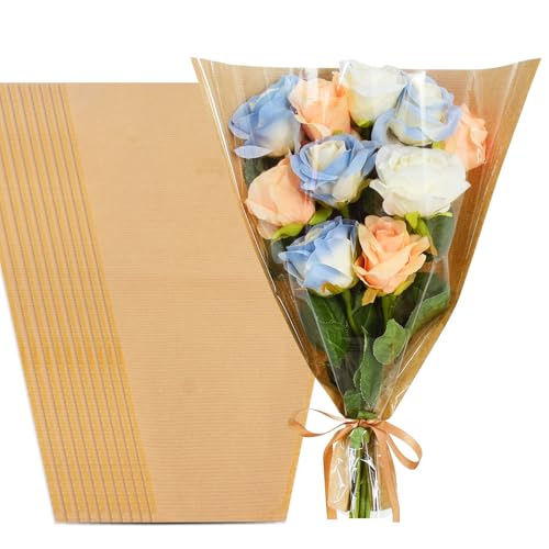 BEISHIDA 100 Pcs Flower Wrapping Bags, Bouquet Sleeves Kraft Paper 15.7 x 13.7 in Clear Flower Sleeves for Bouquets Florist Supplies, Mother's Day, Valentine's Day, Graduation - color: large-kraft-clear