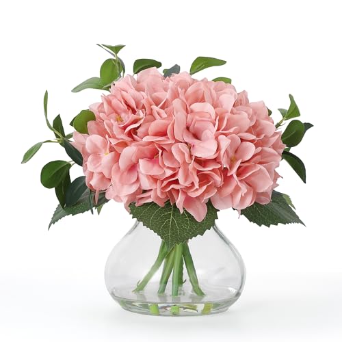 Hydrangea Artificial Flowers in Vase, Silk Faux Hydrangea Fake Flower Arrangements with Glass Vase and Faux Water for Home Decor Wedding Bouquets Table Centerpieces, Light Coffee, Set of 7 - color: Hydrangea Stems With Faux Water, size: Pink