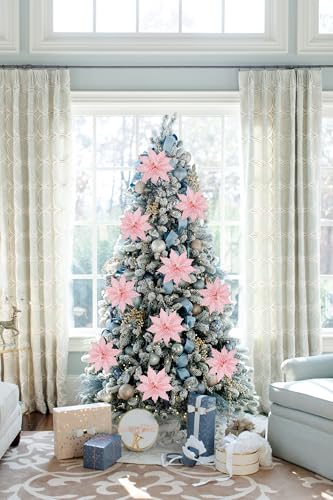 Briful 3PCS Poinsettias Artificial Christmas Flowers 22.4in Long Stem Pink Glitter Mesh Poinsettia Fake Christmas Tree Flower for Xmas Home Wreath Garland Floral Arrangement Holiday Decor - color: Light Peach Pink