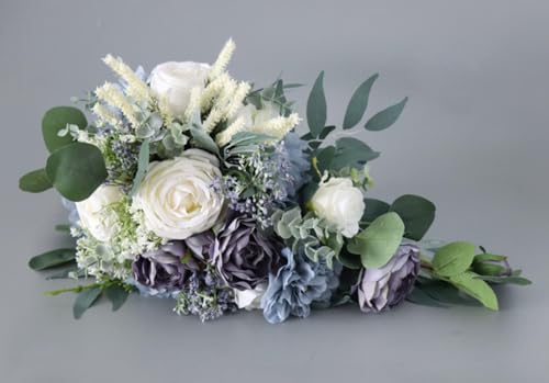 9.1 Inch Cascading Bridal Bouquet Waterfall Cascade Wedding Bouquet Bride with Artificial Rose Peony Flower Rustic Boho Wedding Ceremony Bouquet Dusty Blue - color: Dusty Blue