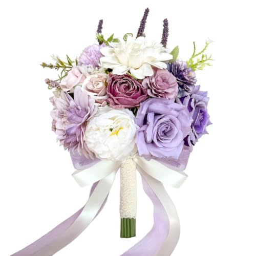 9 Inch Dusty Purple Wedding Bouquets for Bride Bridesmaid, Artificial Fake Lavender Purple Lilac Flowers Bridal Bouquet Spring Fall Boho Vintage Rustic Wedding Decoration Toss Bouquet Prom Anniversary - color: Lavender Purple Lilac