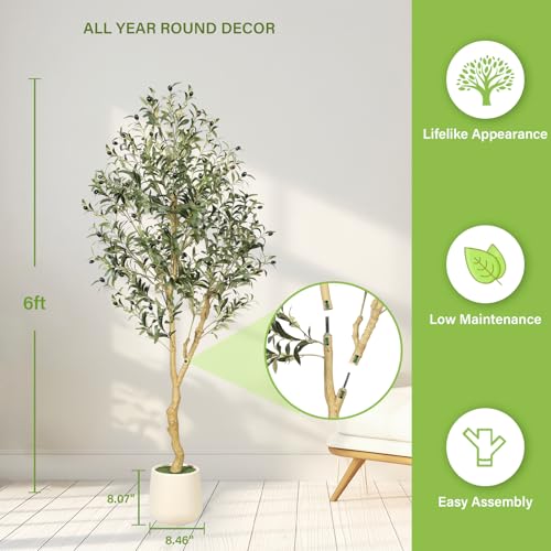 FEELEAD Olive Trees Artificial Indoor 6FT with Planter - Tall Potted Faux Olive Tree, Artificial Plant with Natural Looking Trunk and Lifelike Fruits for Home Office Decor, Weighted Base - size: 6ft