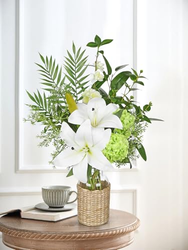 Hollyone Fake Flowers with Vase, Easter Lily Flowers, White Silk Tiger Lily and Hydrangea Artificial Flowers in Vase, Faux Plants and Flowers Arrangement Bouquets for Table Centerpieces Home Decor - color: White