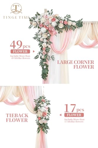 TINGE TIME Wedding Arch Flowers Kit - Deluxe 5pcs Artificial Floral Swag with 3 Sheer Drapes, Realistic Silk Flower Arrangements for Wedding Ceremony Arbor Backdrop Reception Party Home Decor - color: Dusty Rose & Champange