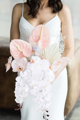 41.34" Pure White Orchid Artificial Flowers 6PCS Velvet Silk Orchids Long Stem Faux Orchid Flowers for Tall Vase for Home Party Wedding Décor (Pure White) - color: Pure White