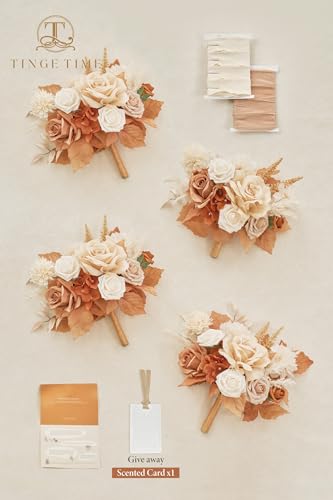TINGE TIME 7inch Wedding Bouquets for Bridesmaid, Artificial Flowers Cascading Bridal Bouquet for Wedding (Burnt Orange & Champagne, Set of 4) - color: Burnt Orange & Champagne